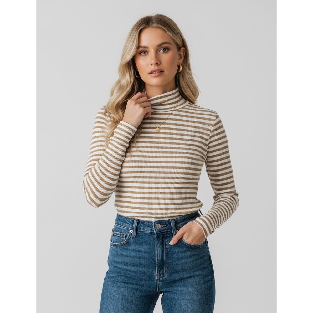 American Eagle Tan White XS Striped Waffle Knit Turtleneck Top Core Neutral
